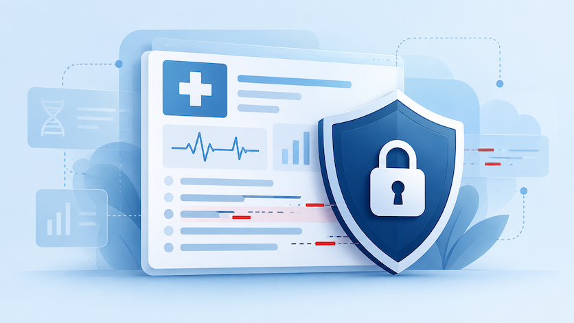 Digital medical record protected by a shield and padlock, with red accents suggesting altered data.