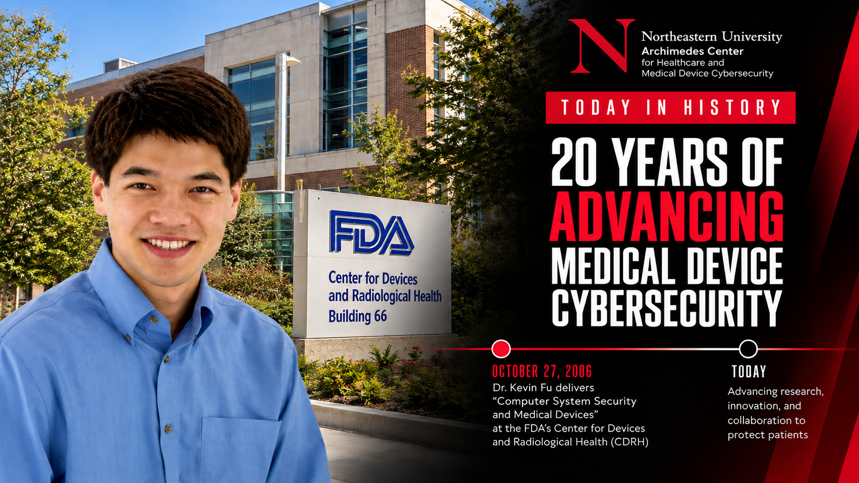 Kevin Fu in 2006 in front of the FDA building showing the timeline of how 20 years had gone by since his first talk, "20 years of advancing medical device cybersecurity"